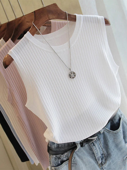 Chalecos de punto para mujer, top de cuello redondo liso, camiseta sin mangas informal fina a la moda para mujer, camiseta de punto de verano 2025 para mujer, chaleco para mujer