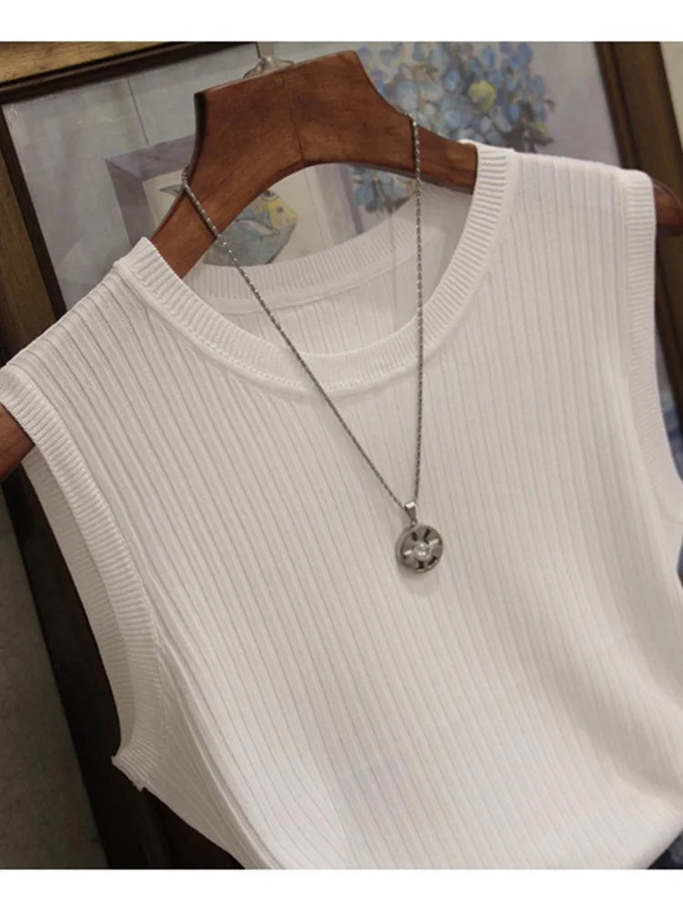 Chalecos de punto para mujer, top de cuello redondo liso, camiseta sin mangas informal fina a la moda para mujer, camiseta de punto de verano 2025 para mujer, chaleco para mujer