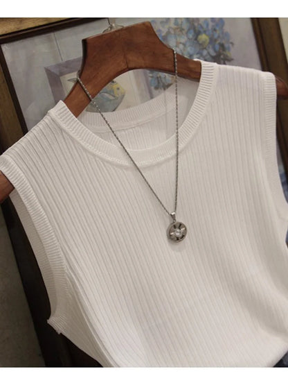 Chalecos de punto para mujer, top de cuello redondo liso, camiseta sin mangas informal fina a la moda para mujer, camiseta de punto de verano 2025 para mujer, chaleco para mujer