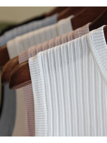 Chalecos de punto para mujer, top de cuello redondo liso, camiseta sin mangas informal fina a la moda para mujer, camiseta de punto de verano 2025 para mujer, chaleco para mujer
