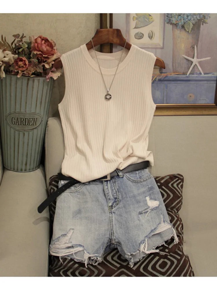 Chalecos de punto para mujer, top de cuello redondo liso, camiseta sin mangas informal fina a la moda para mujer, camiseta de punto de verano 2025 para mujer, chaleco para mujer