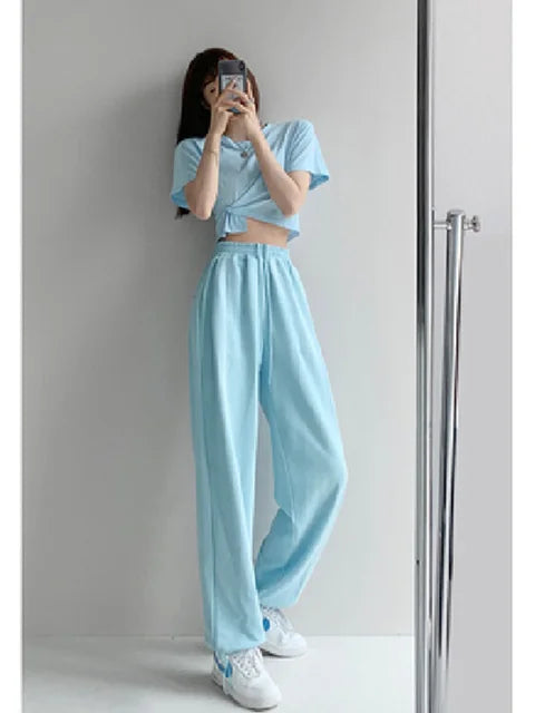 Pantalones blancos y azules coreanos para mujer, pantalones harén holgados de cintura alta con cordón, pantalones casuales cómodos deportivos de calle para mujer, tallas S-XL