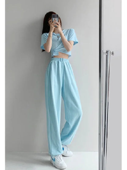 Pantalones blancos y azules coreanos para mujer, pantalones harén holgados de cintura alta con cordón, pantalones casuales cómodos deportivos de calle para mujer, tallas S-XL