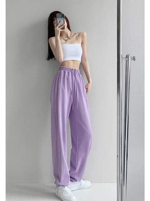 Pantalones blancos y azules coreanos para mujer, pantalones harén holgados de cintura alta con cordón, pantalones casuales cómodos deportivos de calle para mujer, tallas S-XL