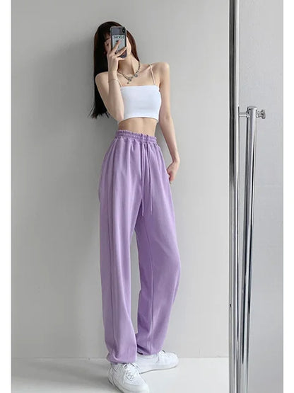 Pantalones blancos y azules coreanos para mujer, pantalones harén holgados de cintura alta con cordón, pantalones casuales cómodos deportivos de calle para mujer, tallas S-XL