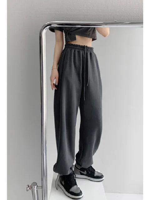 Pantalones blancos y azules coreanos para mujer, pantalones harén holgados de cintura alta con cordón, pantalones casuales cómodos deportivos de calle para mujer, tallas S-XL