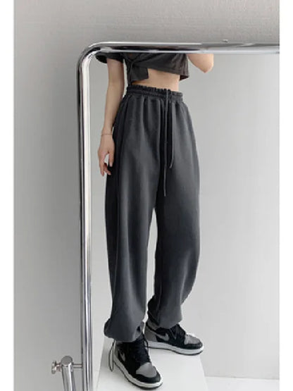 Pantalones blancos y azules coreanos para mujer, pantalones harén holgados de cintura alta con cordón, pantalones casuales cómodos deportivos de calle para mujer, tallas S-XL
