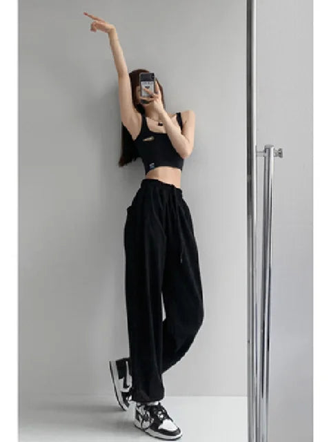 Pantalones blancos y azules coreanos para mujer, pantalones harén holgados de cintura alta con cordón, pantalones casuales cómodos deportivos de calle para mujer, tallas S-XL
