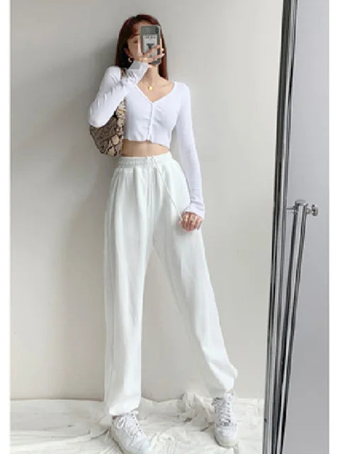 Pantalones blancos y azules coreanos para mujer, pantalones harén holgados de cintura alta con cordón, pantalones casuales cómodos deportivos de calle para mujer, tallas S-XL