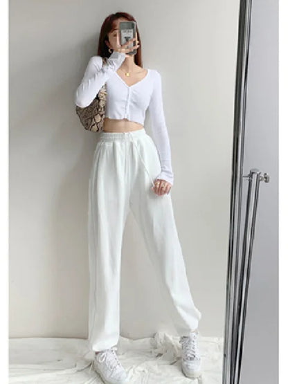 Pantalones blancos y azules coreanos para mujer, pantalones harén holgados de cintura alta con cordón, pantalones casuales cómodos deportivos de calle para mujer, tallas S-XL