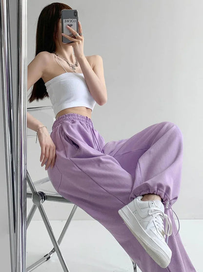 Pantalones blancos y azules coreanos para mujer, pantalones harén holgados de cintura alta con cordón, pantalones casuales cómodos deportivos de calle para mujer, tallas S-XL
