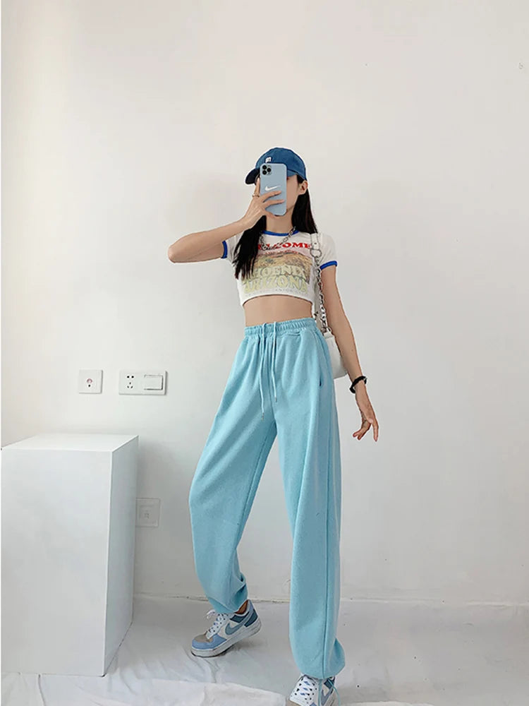 Pantalones blancos y azules coreanos para mujer, pantalones harén holgados de cintura alta con cordón, pantalones casuales cómodos deportivos de calle para mujer, tallas S-XL