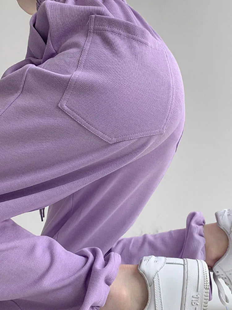 Pantalones blancos y azules coreanos para mujer, pantalones harén holgados de cintura alta con cordón, pantalones casuales cómodos deportivos de calle para mujer, tallas S-XL