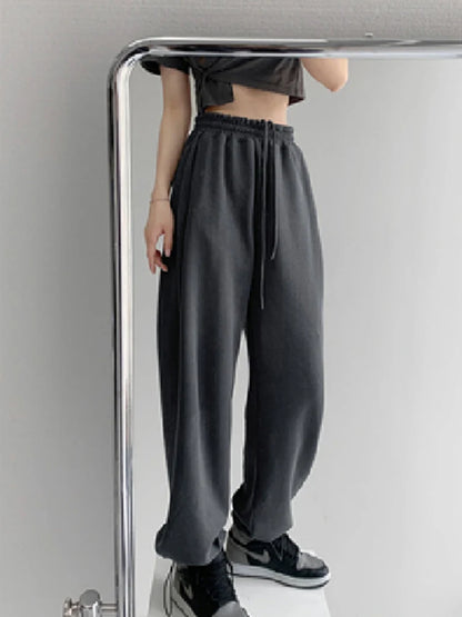 Pantalones blancos y azules coreanos para mujer, pantalones harén holgados de cintura alta con cordón, pantalones casuales cómodos deportivos de calle para mujer, tallas S-XL
