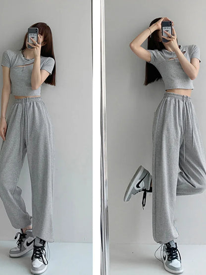 Pantalones blancos y azules coreanos para mujer, pantalones harén holgados de cintura alta con cordón, pantalones casuales cómodos deportivos de calle para mujer, tallas S-XL