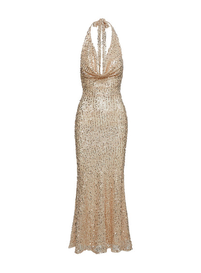 Luxurious Cowl Neck Sequin Maxi Dress Champagne