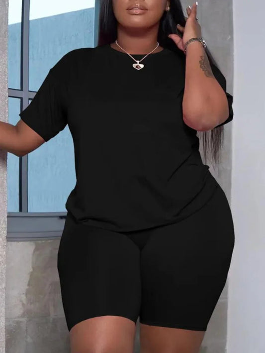 Traje básico de verano de talla grande para mujer, camiseta de manga corta y pantalones, ropa deportiva informal de color sólido, conjunto ajustado de dos piezas