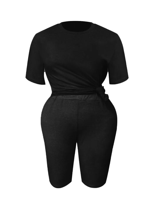 Traje básico de verano de talla grande para mujer, camiseta de manga corta y pantalones, ropa deportiva informal de color sólido, conjunto ajustado de dos piezas