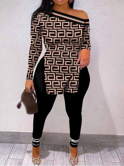 Conjunto de pantalón informal con estampado de cadena y abertura lateral para mujer, talla grande, 2025, cuello barco, manga larga, dos piezas, traje a juego