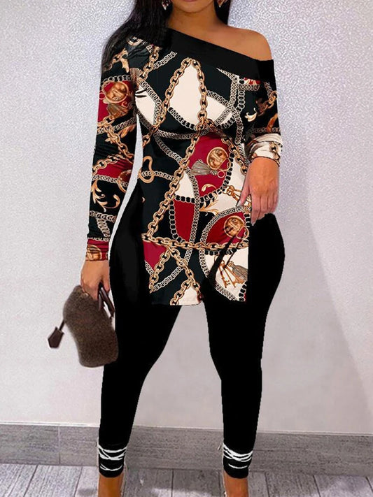 Conjunto de pantalón informal con estampado de cadena y abertura lateral para mujer, talla grande, 2025, cuello barco, manga larga, dos piezas, traje a juego