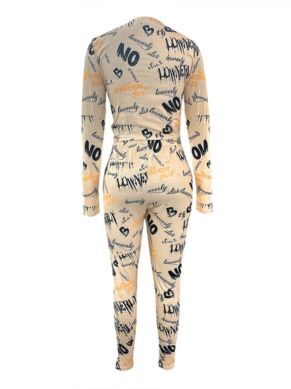 Conjunto de dos piezas de pantalón ajustado con estampado de letras y top corto para mujer, cuello redondo de alta elasticidad, otoño e invierno, 2025