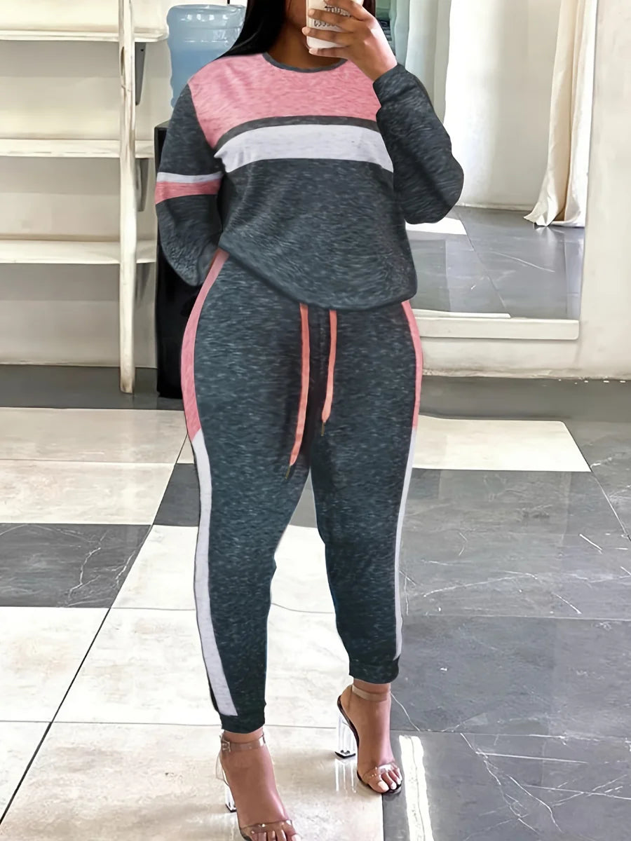 Conjunto de pantalones con cordón de color, chándal de dos piezas con cuello redondo y manga larga para mujer, estampado mixto, 2025
