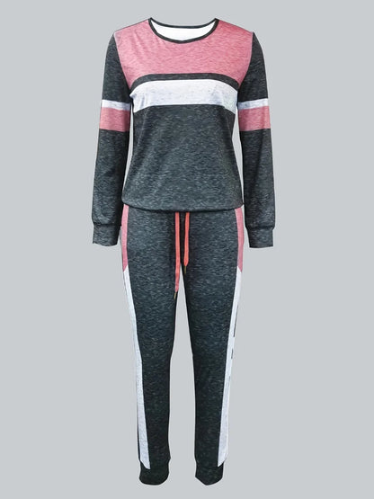 Conjunto de pantalones con cordón de color, chándal de dos piezas con cuello redondo y manga larga para mujer, estampado mixto, 2025