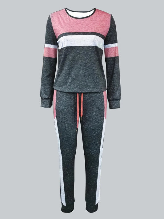Conjunto de pantalones con cordón de color, chándal de dos piezas con cuello redondo y manga larga para mujer, estampado mixto, 2025