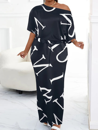 Conjunto elegante de falda con estampado de letras y un hombro para otoño e invierno 2025, trajes de mujer de manga larga, conjuntos de dos piezas