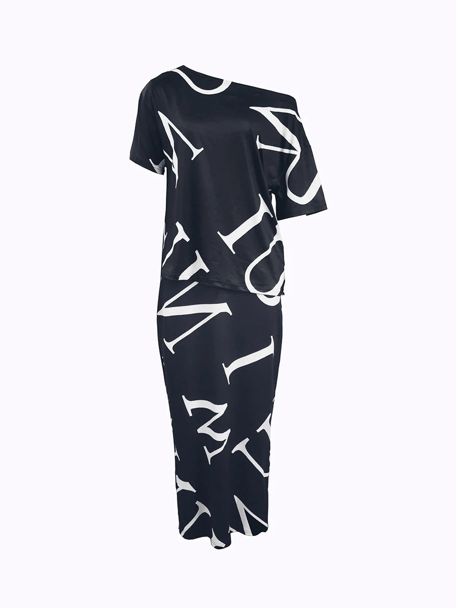 Conjunto elegante de falda con estampado de letras y un hombro para otoño e invierno 2025, trajes de mujer de manga larga, conjuntos de dos piezas