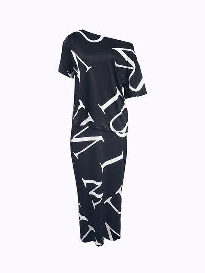 Conjunto elegante de falda con estampado de letras y un hombro para otoño e invierno 2025, trajes de mujer de manga larga, conjuntos de dos piezas