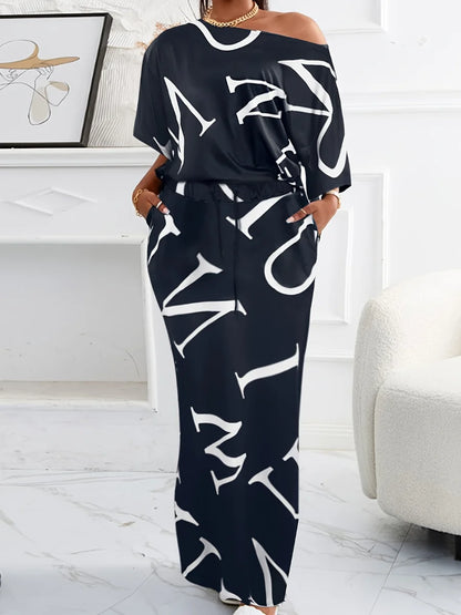 Conjunto elegante de falda con estampado de letras y un hombro para otoño e invierno 2025, trajes de mujer de manga larga, conjuntos de dos piezas