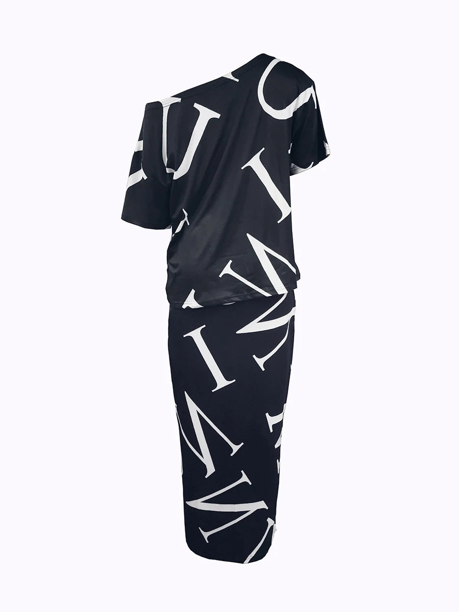 Conjunto elegante de falda con estampado de letras y un hombro para otoño e invierno 2025, trajes de mujer de manga larga, conjuntos de dos piezas