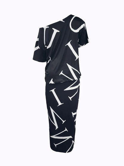 Conjunto elegante de falda con estampado de letras y un hombro para otoño e invierno 2025, trajes de mujer de manga larga, conjuntos de dos piezas