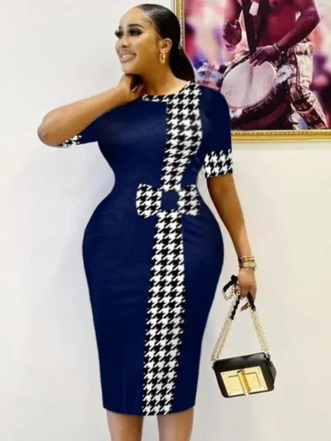 Elegant Women’s Plaid Checkerboard Print Round Neck Short Sleeve Knee Length Office Lady Bodycon Pencil Dress