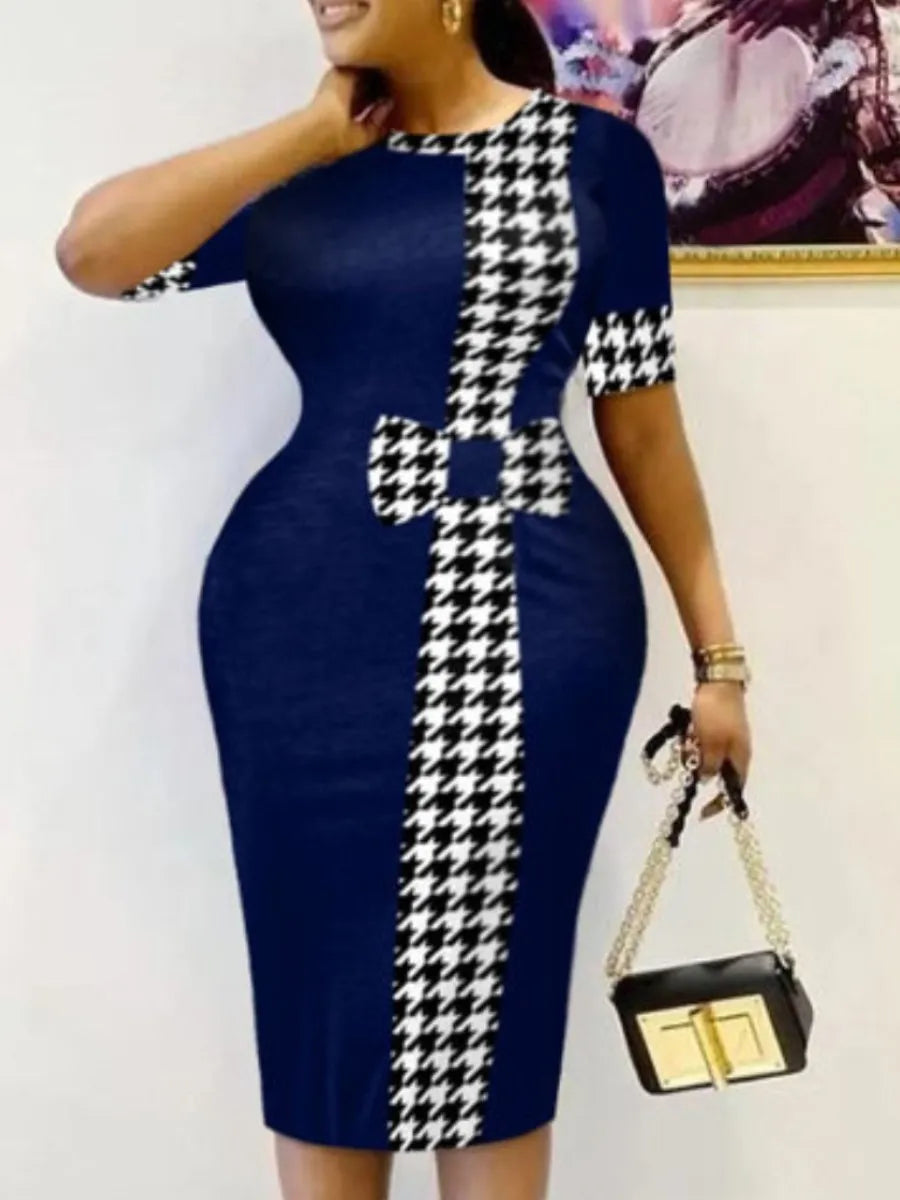 Elegant Women’s Plaid Checkerboard Print Round Neck Short Sleeve Knee Length Office Lady Bodycon Pencil Dress