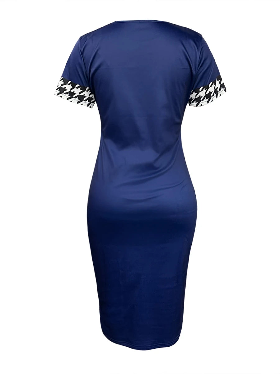 Elegant Women’s Plaid Checkerboard Print Round Neck Short Sleeve Knee Length Office Lady Bodycon Pencil Dress