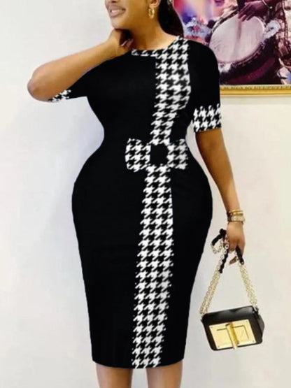 Elegant Women’s Plaid Checkerboard Print Round Neck Short Sleeve Knee Length Office Lady Bodycon Pencil Dress