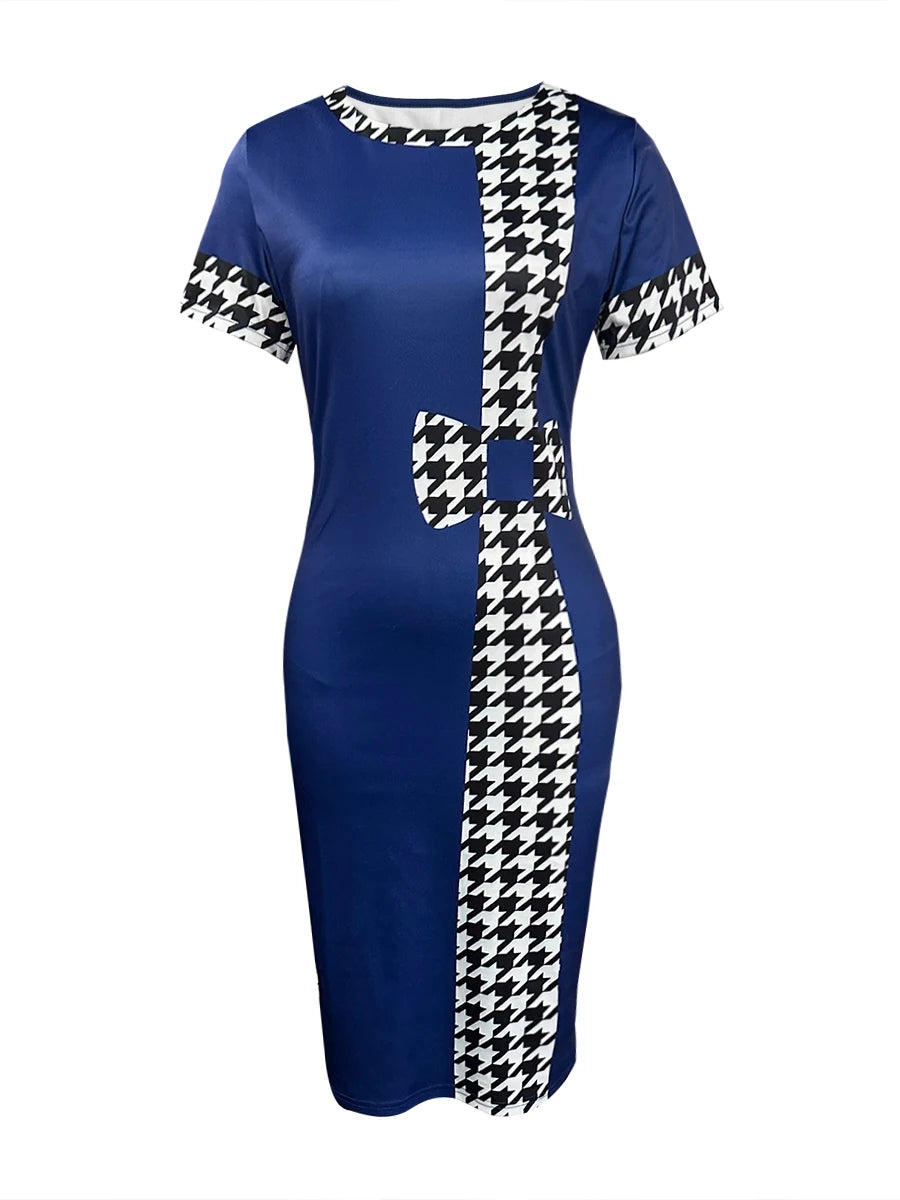 Elegant Women’s Plaid Checkerboard Print Round Neck Short Sleeve Knee Length Office Lady Bodycon Pencil Dress