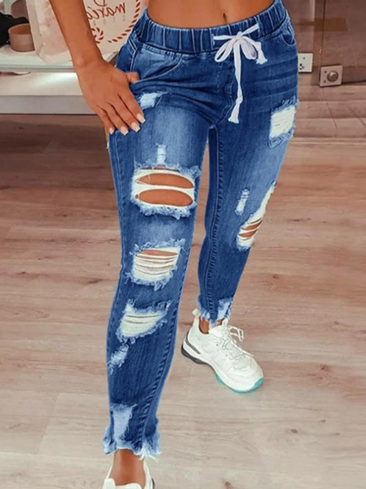 High Stretchy Distressed Ripped Raw Edges Hem Jeans – Zipper Fly Solid Holes Fashion Denim Streetwears