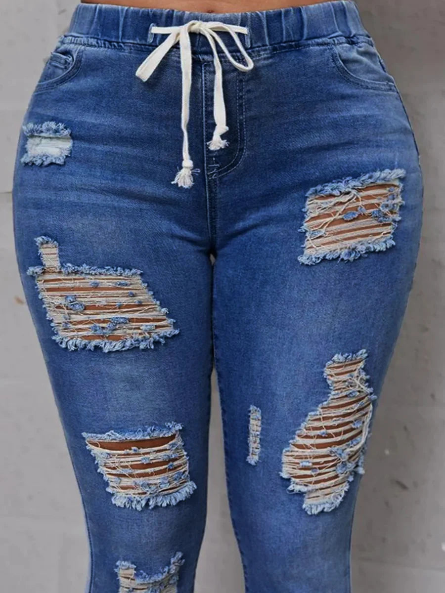 High Stretchy Distressed Ripped Raw Edges Hem Jeans – Zipper Fly Solid Holes Fashion Denim Streetwears