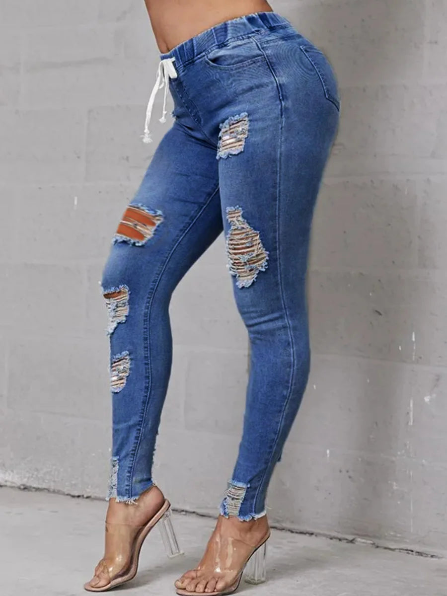 High Stretchy Distressed Ripped Raw Edges Hem Jeans – Zipper Fly Solid Holes Fashion Denim Streetwears