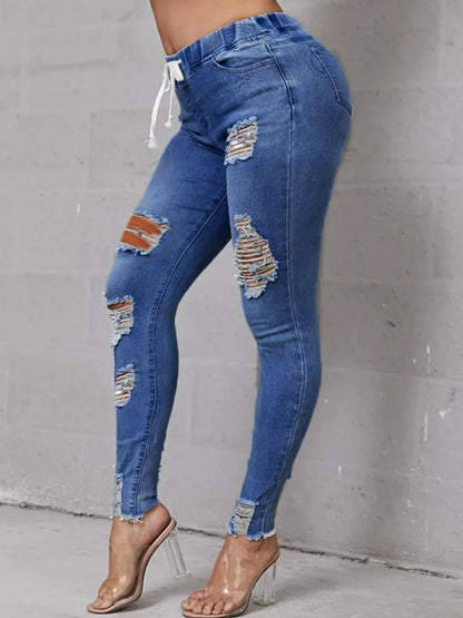 High Stretchy Distressed Ripped Raw Edges Hem Jeans – Zipper Fly Solid Holes Fashion Denim Streetwears
