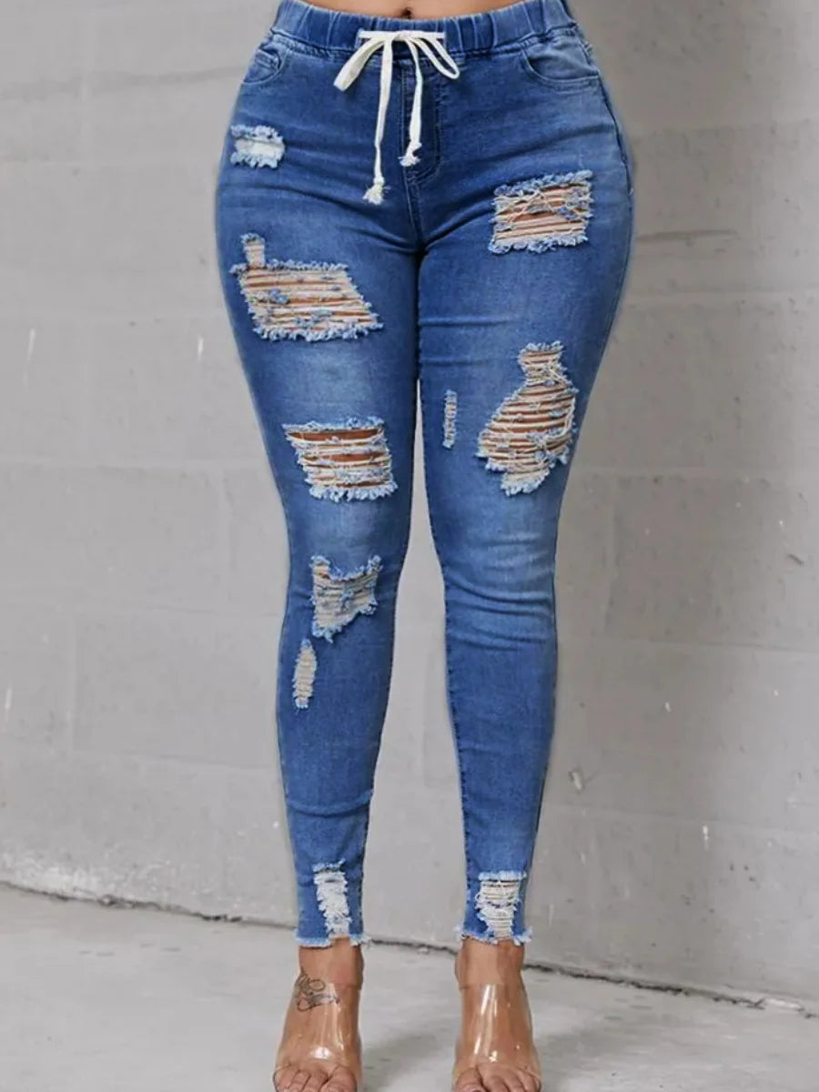 High Stretchy Distressed Ripped Raw Edges Hem Jeans – Zipper Fly Solid Holes Fashion Denim Streetwears