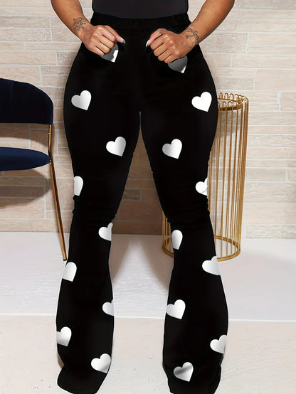 High Waist Heart Print Slimming Flared Pants 2025 Women New Fashion Spring Elastic Micro Horn Trousers Sweet Causal Style