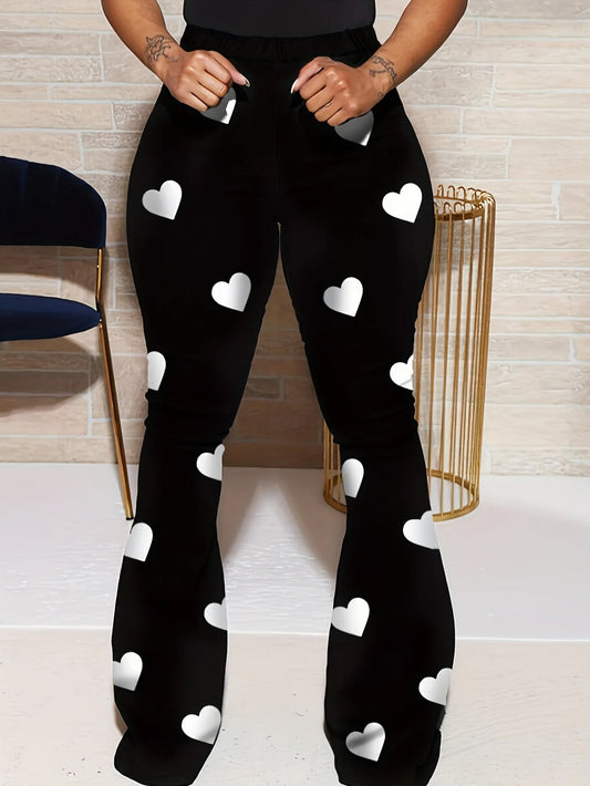 High Waist Heart Print Slimming Flared Pants 2025 Women New Fashion Spring Elastic Micro Horn Trousers Sweet Causal Style