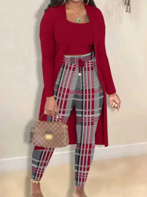 Conjunto de 2 piezas de talla grande para otoño e invierno, para mujer, con estampado de camisola, cuello en U, manga larga, cordón ajustable, pantalones ajustados de tres piezas