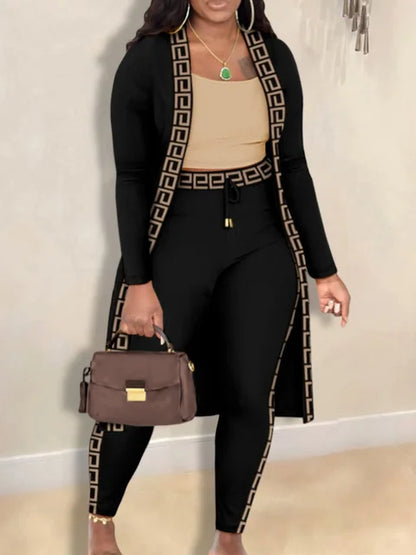 Conjunto de 2 piezas de talla grande para otoño e invierno, para mujer, con estampado de camisola, cuello en U, manga larga, cordón ajustable, pantalones ajustados de tres piezas