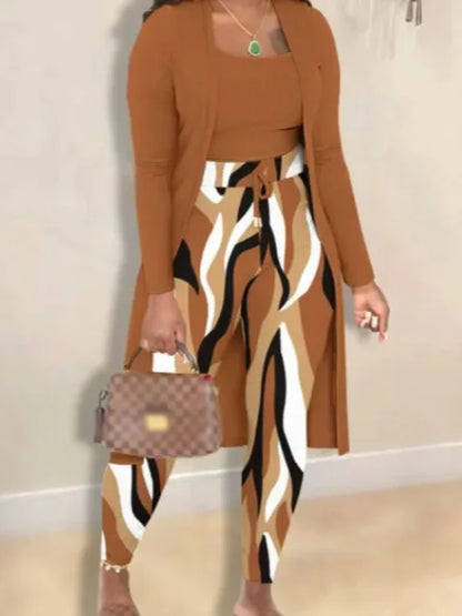 Conjunto de 2 piezas de talla grande para otoño e invierno, para mujer, con estampado de camisola, cuello en U, manga larga, cordón ajustable, pantalones ajustados de tres piezas