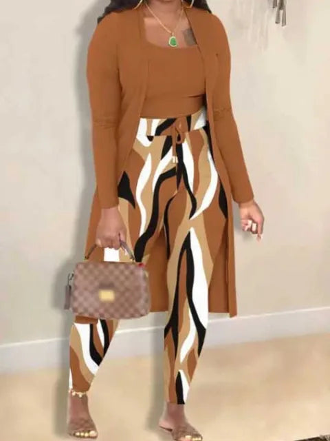 Conjunto de 2 piezas de talla grande para otoño e invierno, para mujer, con estampado de camisola, cuello en U, manga larga, cordón ajustable, pantalones ajustados de tres piezas